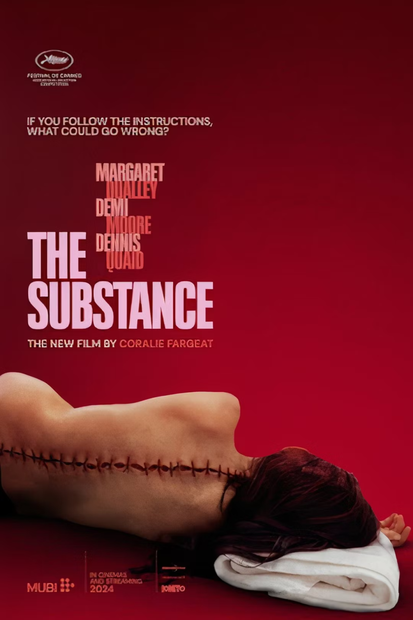 Movie poster for the film, The Subtance. Red background with a naked woman lying on her back with large stitches all the way down her spine.